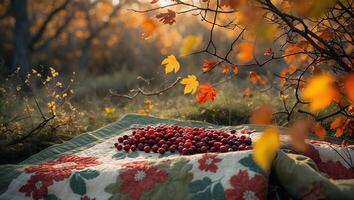 Cranberries on Blanket with Autumn Leaves photo