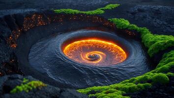 Whirlpool with Lava Landscape and Green Mossy Ground photo