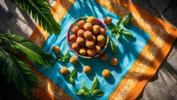 Lychee Fruit Arrangement on Fabric with Basil photo