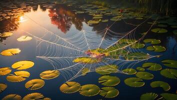 Spiderweb on Water Lily Pads at Sunset photo