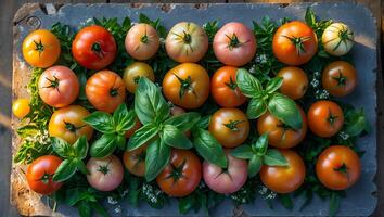 Fresh Tomatoes and Basil on a Stone Surface photo