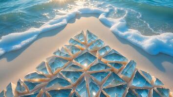 Crystal Pyramid on Beach with Ocean Waves and Sunlight photo