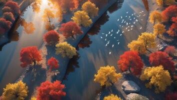 River and Autumn Trees From Above with Birds photo
