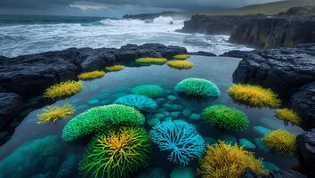 Coastal Tide Pool with Seaweed and Rock Formation photo