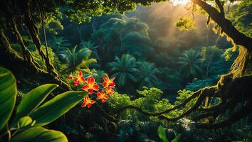 Lush Jungle Foliage with Red Tropical Flower and Soft Sunlight photo