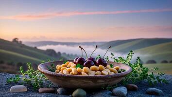 Cherries and Macadamia Nuts on a Clay Plate at Sunrise photo