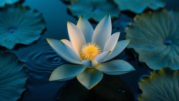 White Lotus Flower in Pond with Lily Pads photo