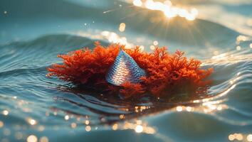 Object in Water with Red Plant and Sun Flare photo