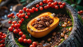 Pumpkin and Pecans in Bowl with Moss and Berries photo