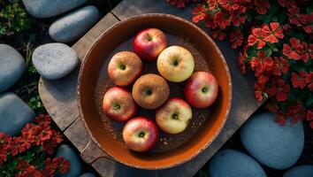 Apples in Bowl with Cinnamon, Rocks and Red Flowers photo