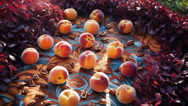 Peach and Pecan Arrangement on Patterned Cloth photo