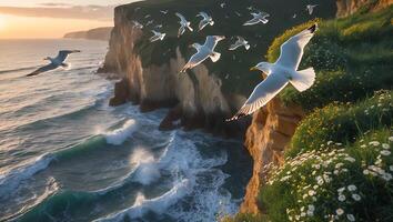 Seagulls Flying Above Cliffside Coastal View at Sunset photo