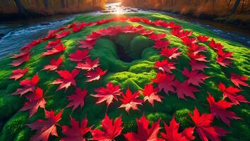Red Maple Leaves on Mossy Hill by River in Autumn Landscape photo