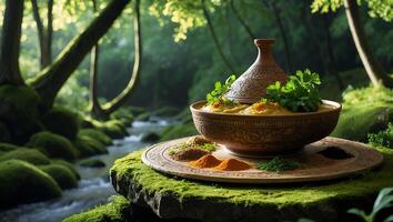 Tagine Dish with Herbs and Spices in Forest Setting photo