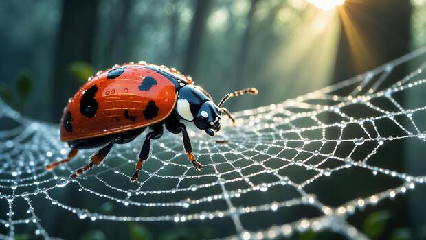 Ladybug on Spiderweb with Water Droplets photo