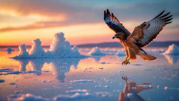 Hawk Flying Over Water at Sunset photo