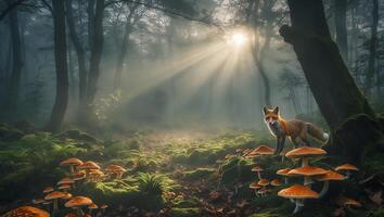 Fox in Misty Forest with Mushrooms and Sun Rays photo