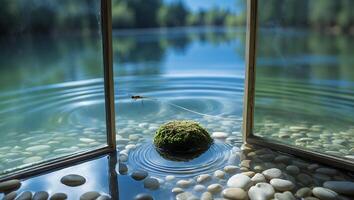 Dragonfly Flying Over Mossy Rock in Water with Reflection photo