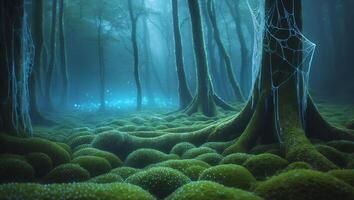 Misty Forest with Green Moss and Spiderweb photo