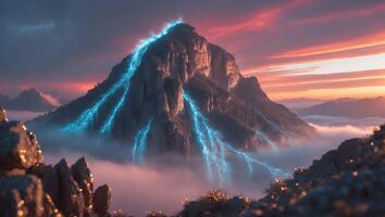 Mountain with Blue Lightning Strikes at Sunset photo