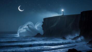 Lighthouse on Cliff with Moon and Ocean Waves photo