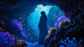Silhouette in Underwater Cave with Fish and Coral photo