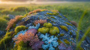 Colorful Lichen Growing on a Rock in a Green Field at Sunset photo