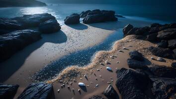 Rocks on Beach at Night with Long Exposure photo