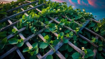 Vine on Lattice Against Sky Background photo