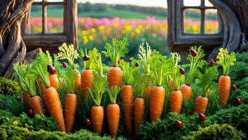 Carrots with Ladybugs in Garden with Colorful Flowers photo