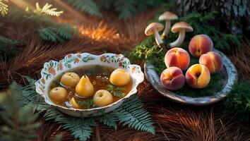 Poached Fruits and Peaches on Plates photo