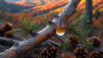 Pine Tree Sap on Branch with Cone photo