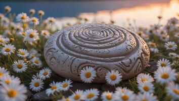 Stone Disc Art Among Daisies with Water in Background photo