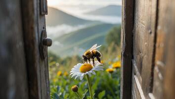 Bee on Daisy Flower Open Door View of Mountains photo