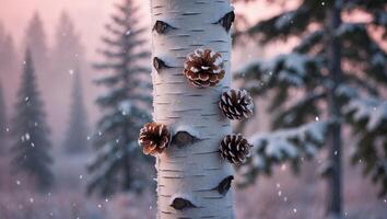 Pine Cone on Birch Tree in Snowy Winter Forest photo