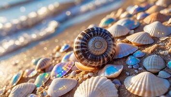 Seashells on Sand by Ocean photo
