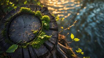 Tree Stump with Moss Near Water in Forest photo