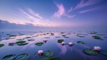 Water Lilies Floating on Calm Lake Reflecting Beautiful Sky at Dusk photo