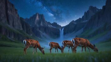 Grazing Deer Herd at Night with Waterfall and Starry Sky photo