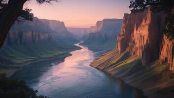 River Flowing Through Canyon with Cliffs at Sunset Landscape View photo