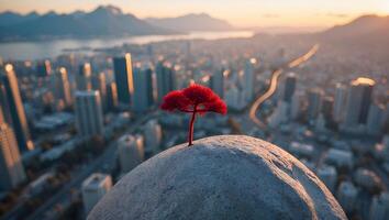 Lone Red Tree on Hill Overlooking Cityscape at Sunset photo