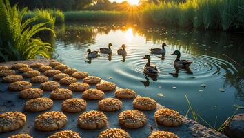 Ducks in Pond Watching Cookies at Sunset Serene Nature Scene photo