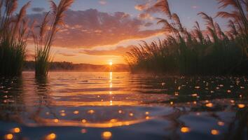 Lake at Dawn Tall Grass Silhouettes with Colorful Sky Reflection photo