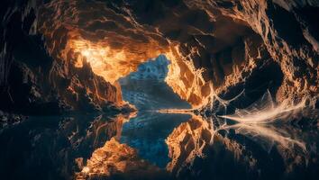Exploring a Mysterious Cave with Water Reflection and Subdued Lighting photo