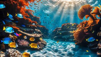 Exploring Underwater Coral Reef with Fish and Sun Rays Shining Through photo
