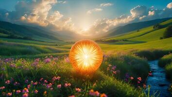 Glowing Orb in Grassy Meadow with Flowers and Stream Landscape photo
