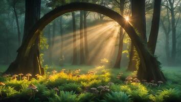 Sun Rays Shining Through Arch of Trees in a Mysterious Forest photo