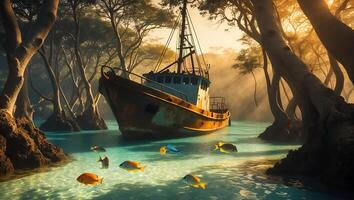 Abandoned Fishing Boat Among Trees with Fishes in Turquoise Water Scenery photo