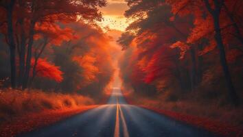 Driving Down Autumn Road with Colorful Trees and Sky Backdrop photo