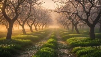 Walking Path Through Blossoming Trees in Springtime with Morning Light photo